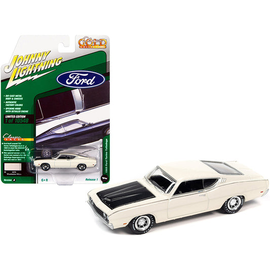 1969 Ford Torino Talladega Wimbledon White with Matt Black Hood "Classic Gold Collection" Series Limited Edition to 10548 pieces Worldwide 1/64 Diecast Model Car by Johnny Lightning