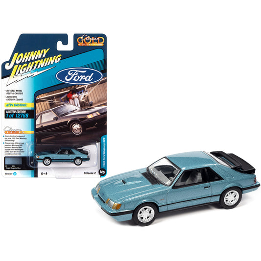 1986 Ford Mustang SVO Light Regatta Blue Metallic with Black Stripes "Classic Gold Collection" Series Limited Edition to 12768 pieces Worldwide 1/64 Diecast Model Car by Johnny Lightning