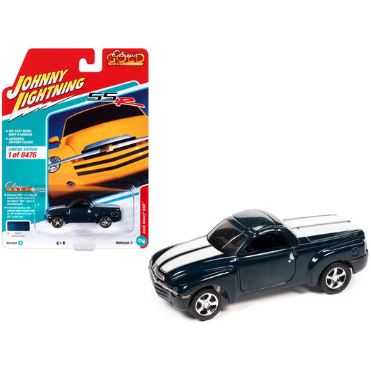 2005 Chevrolet SSR Pickup Truck Bermuda Blue Metallic with White Stripes "Classic Gold Collection" Series Limited Edition to 8476 pieces Worldwide 1/64 Diecast Model Car by Johnny Lightning