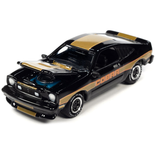 1978 Ford Mustang Cobra II Black with Gold Stripes "Classic Gold Collection" 2023 Release 1 Limited Edition to 4500 pieces Worldwide 1/64 Diecast Model Car by Johnny Lightning