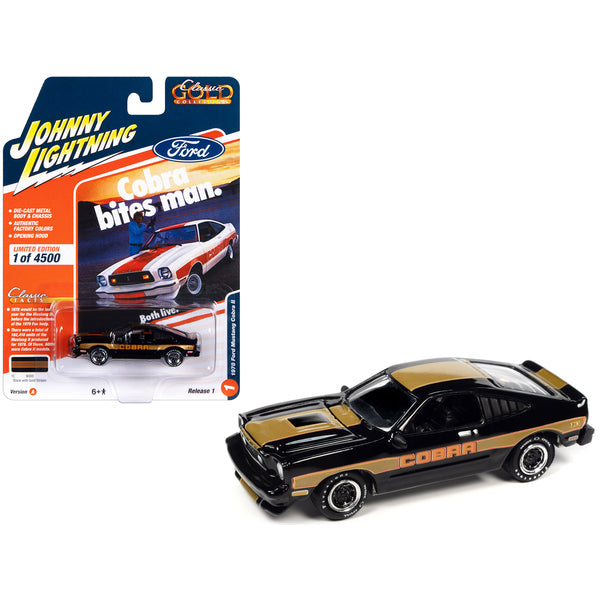 1978 Ford Mustang Cobra II Black with Gold Stripes "Classic Gold Collection" 2023 Release 1 Limited Edition to 4500 pieces Worldwide 1/64 Diecast Model Car by Johnny Lightning