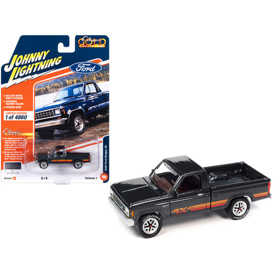 1985 Ford Ranger XL Pickup Truck Dark Charcoal Metallic with Stripes "Classic Gold Collection" 2023 Release 1 Limited Edition to 4860 pieces Worldwide 1/64 Diecast Model Car by Johnny Lightning