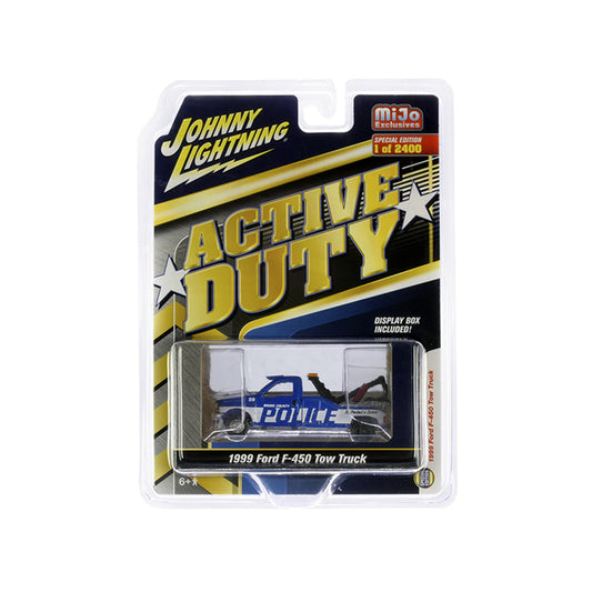 1999 Ford F-450 Police Tow Truck Blue with White Stripes "Active Duty" Limited Edition to 2400 pieces Worldwide 1/64 Diecast Model by Johnny Lightning