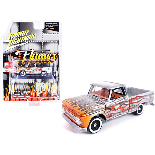 1966 Chevrolet Pickup Truck Silver Metallic with Flames and Orange Interior Limited Edition to 3600 pieces Worldwide 1/64 Diecast Model Car by Johnny Lightning