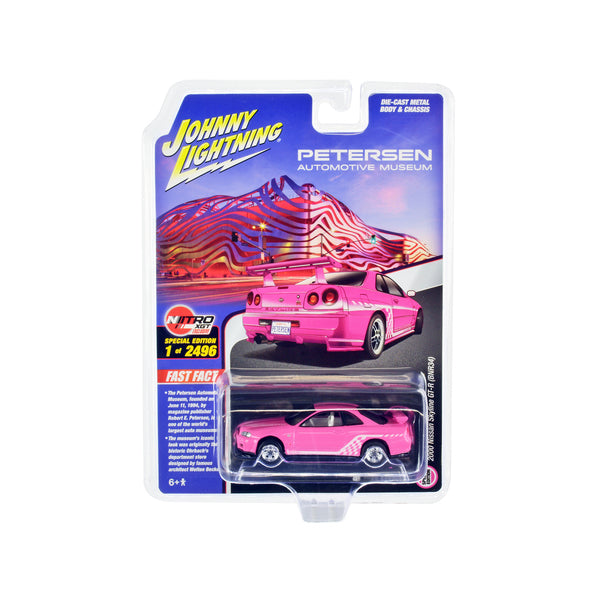 2000 Nissan Skyline GT R BNR34 RHD Right Hand Drive Pink with White Graphics and Interior Petersen Automotive Museum Limited Edition to 2496 pieces Worldwide 1/64 Diecast Model Car Johnny Lightning JLCP7410