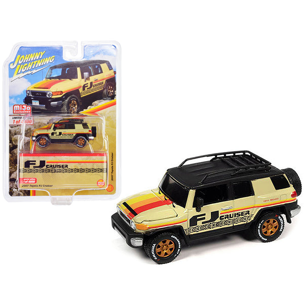 2007 Toyota FJ Cruiser Beige with Stripes and Black Top with Roofrack Limited Edition to 4800 pieces Worldwide 1/64 Diecast Model Car by Johnny Lightning