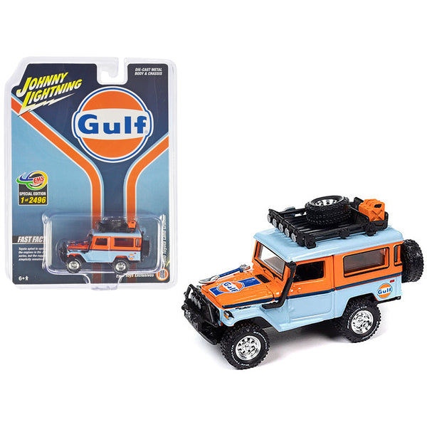 1980 Toyota Land Cruiser Light Blue and Orange "Gulf Oil" with Roof Rack Limited Edition to 2496 pieces Worldwide 1/64 Diecast Model Car by Johnny Lightning