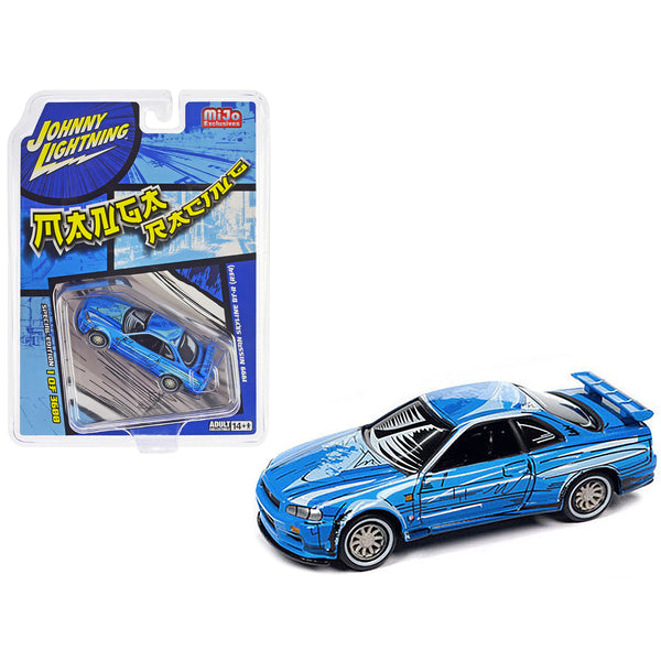 1999 Nissan Skyline GT-R (R34) RHD (Right Hand Drive) Blue with Graphics "Manga Racing" Limited Edition to 3600 pieces Worldwide 1/64 Diecast Model Car by Johnny Lightning