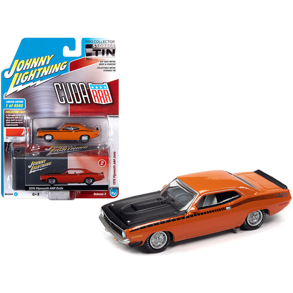 1970 Plymouth AAR Barracuda Vitamin C Orange with Black Stripes and Hood and Collector Tin Limited Edition to 4540 pieces Worldwide 1/64 Diecast Model Car by Johnny Lightning