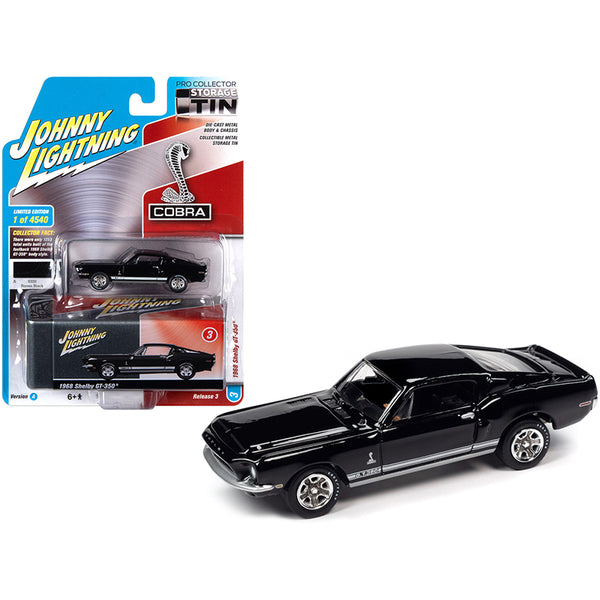 1968 Ford Mustang Shelby GT-350 Raven Black with White Stripes and Collector Tin Limited Edition to 4540 pieces Worldwide 1/64 Diecast Model Car by Johnny Lightning