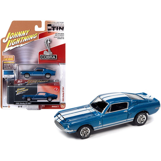 1968 Ford Mustang Shelby GT-350 Acapulco Blue Metallic with White Stripes and Collector Tin Limited Edition to 4540 pieces Worldwide 1/64 Diecast Model Car by Johnny Lightning