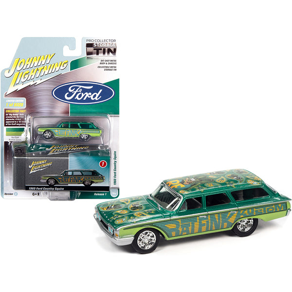 1960 Ford Country Squire "Rat Fink" Kustom Green and Teal with Graphics and Collector Tin Limited Edition to 6020 pieces Worldwide 1/64 Diecast Model Car by Johnny Lightning