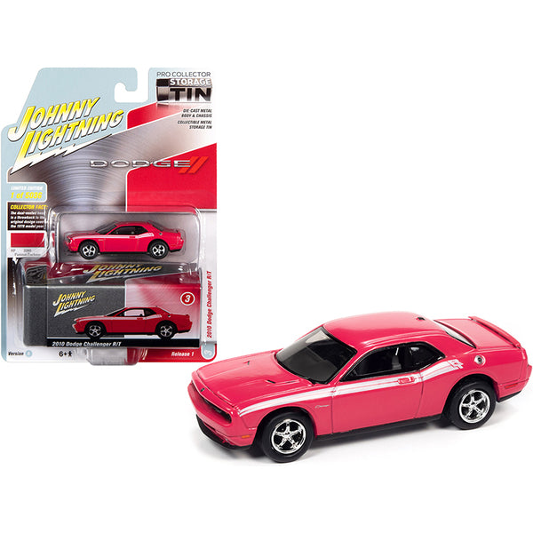 2010 Dodge Challenger R/T Furious Fuchsia Pink with White Stripes and Collector Tin Limited Edition to 5036 pieces Worldwide 1/64 Diecast Model Car by Johnny Lightning