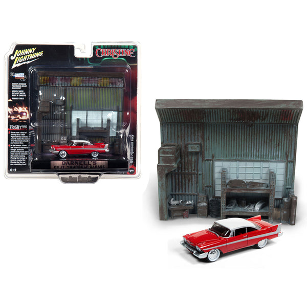 1958 Plymouth Fury Red with "Darnell's Garage" Interior Diorama from "Christine" (1983) Movie 1/64 Diecast Model by Johnny Lightning