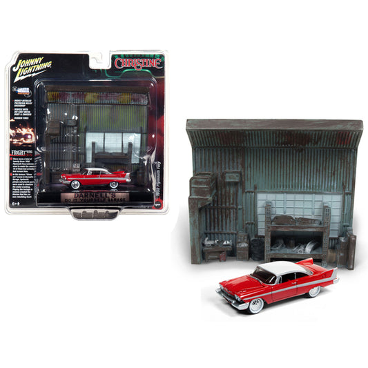 1958 Plymouth Fury Red with "Darnell's Garage" Interior Diorama from "Christine" (1983) Movie 1/64 Diecast Model by Johnny Lightning