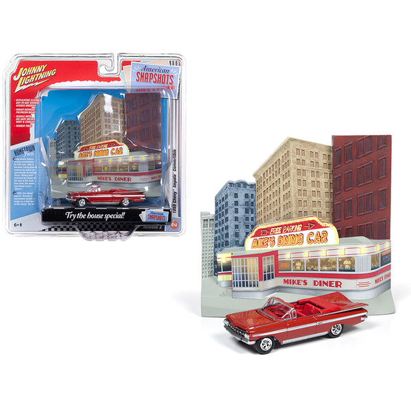 1959 Chevrolet Impala Convertible Red with "Mikes Diner" Front Facade Diorama Set "American Snapshots" 1/64 Diecast Model Car by Johnny Lightning