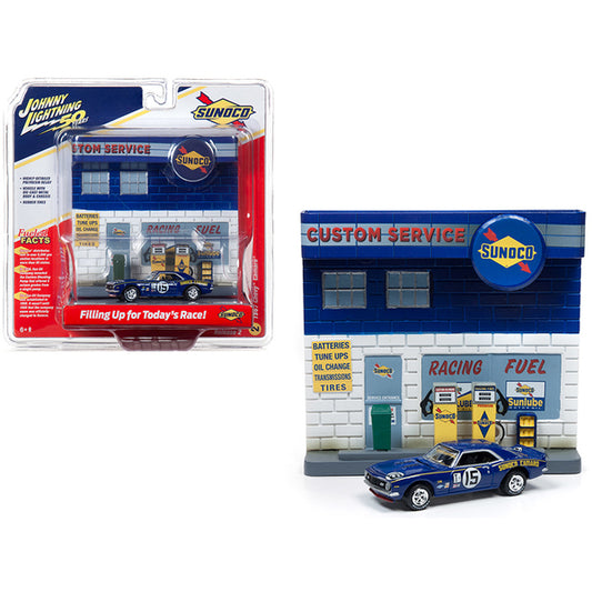 1967 Chevrolet Camaro #15 "Sunoco" with "Sunoco" Exterior Service Gas Station Facade Diorama Set "Johnny Lightning 50th Anniversary" 1/64 Diecast Model Car by Johnny Lightning