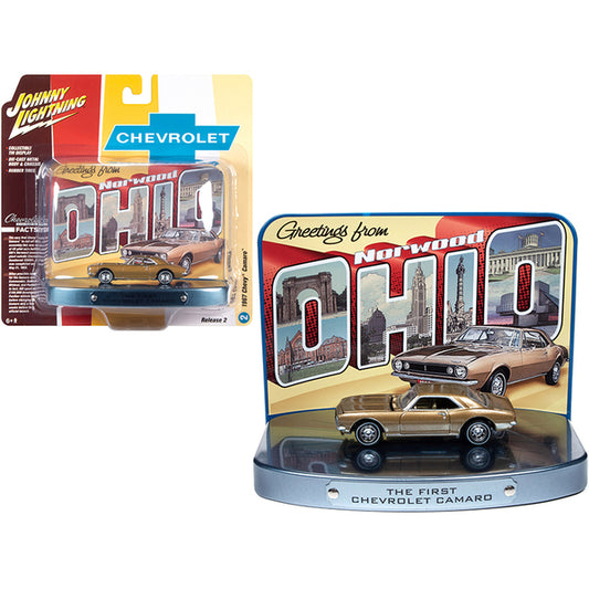 1967 Chevrolet Camaro Gold with Gold Interior with Collectible Tin Display "The First Chevrolet Camaro" "Greetings from Norwood - Birth Place of the Camaro" 1/64 Diecast Model Car by Johnny Lightning