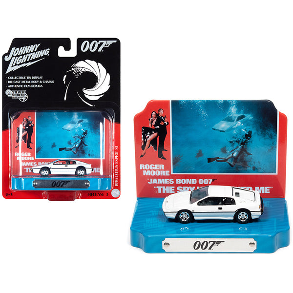 1976 Lotus Esprit S1 White with Collectible Tin Display "007" (James Bond) "The Spy Who Loved Me" (1977) Movie (10th in the James Bond Series) 1/64 Diecast Model Car by Johnny Lightning