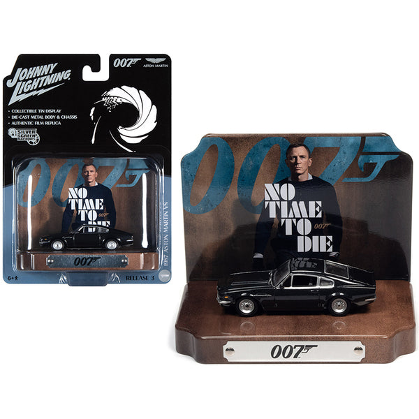 1987 Aston Martin V8 Cumberland Gray with Collectible Tin Display "007" (James Bond) "No Time to Die" (2021) Movie (25th in the James Bond Series) 1/64 Diecast Model Car by Johnny Lightning