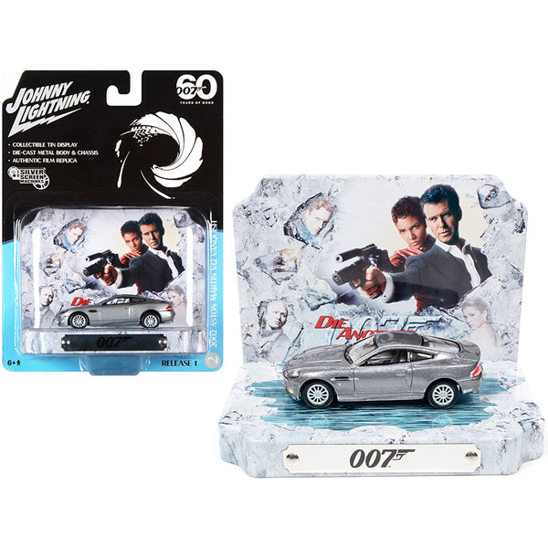 2002 Aston Martin V12 Vanquish Tungsten Silver Metallic with Collectible Tin Display "007" (James Bond) "Die Another Day" (2002) Movie "60 Years Of Bond" 1/64 Diecast Model Car by Johnny Lightning