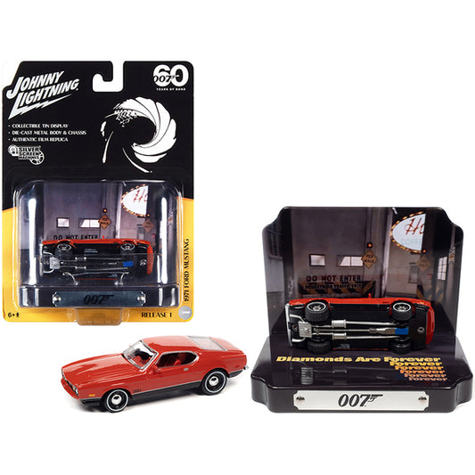 1971 Ford Mustang Mach 1 Red with Collectible Tin Display "007" (James Bond) "Diamonds Are Forever" (1971) Movie "60 Years Of Bond" 1/64 Diecast Model Car by Johnny Lightning