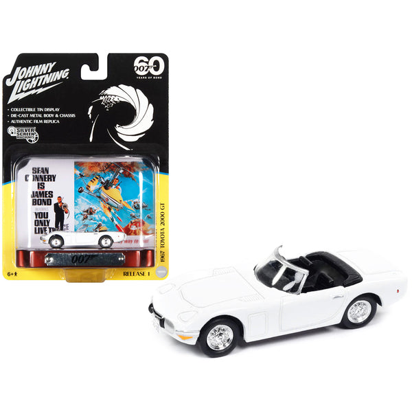 1967 Toyota 2000 GT Convertible RHD (Right Hand Drive) White 007 (James Bond) "You Only Live Twice" (1967) Movie with Collectible Tin Display "Silver Screen Machines" Series 1/64 Diecast Model Car by Johnny Lightning