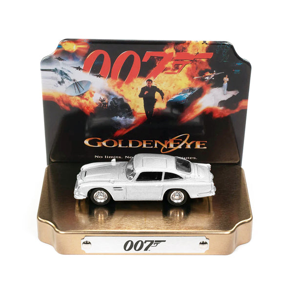 Aston Martin DB5 RHD (Right Hand Drive) Silver Metallic 007 (James Bond) "GoldenEye" (1995) Movie with Collectible Tin Display "Silver Screen Machines" Series 1/64 Diecast Model Car by Johnny Lightning