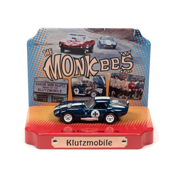 Shelby Cobra Daytona "Klutzmobile" Blue Metallic with White Stripes "The Monkees" with Collectible Tin Display "Silver Screen Machines" Series 1/64 Diecast Model Car by Johnny Lightning