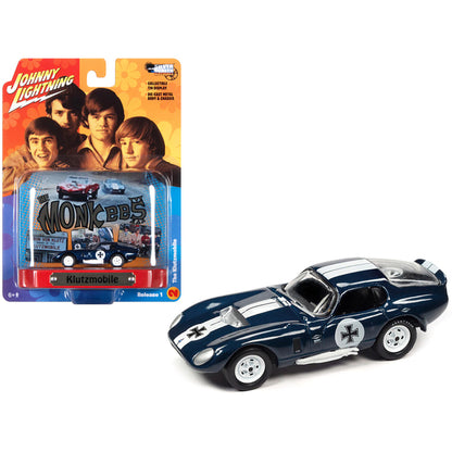 Shelby Cobra Daytona "Klutzmobile" Blue Metallic with White Stripes "The Monkees" with Collectible Tin Display "Silver Screen Machines" Series 1/64 Diecast Model Car by Johnny Lightning