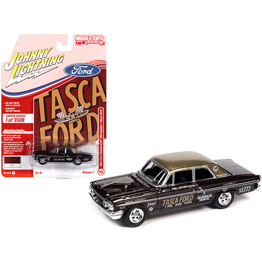 1964 Ford Thunderbolt Bill Lawton "Tasca" Vintage Burgundy Metallic with Gold Top and Race Graphics Limited Edition to 3508 pieces Worldwide "Muscle Cars USA" Series 1/64 Diecast Model Car by Johnny Lightning