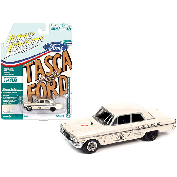 1964 Ford Thunderbolt "Tasca" Ford Tribute Wimbledon White with Race Graphics Limited Edition to 3508 pieces Worldwide "Muscle Cars USA" Series 1/64 Diecast Model Car by Johnny Lightning