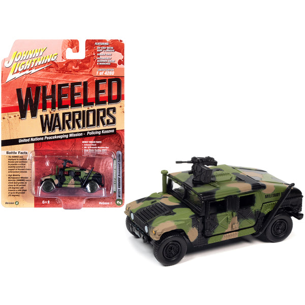 Humvee 4-CT Armored Fastback M1025 HMMWV Armament Carrier Camouflage "U.N. United Nations Peacekeeping Mission - Policing Kosovo" "Wheeled Warriors" Series Limited Edition to 4280 pieces Worldwide 1/64 Diecast Model Car by Johnny Lightning