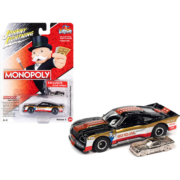 1975 Ford Mustang Cobra II Racer "Go to Jail" Black and White with Gold and Red Stripes with Game Token "Monopoly" "Pop Culture" Series 3 1/64 Diecast Model Car by Johnny Lightning