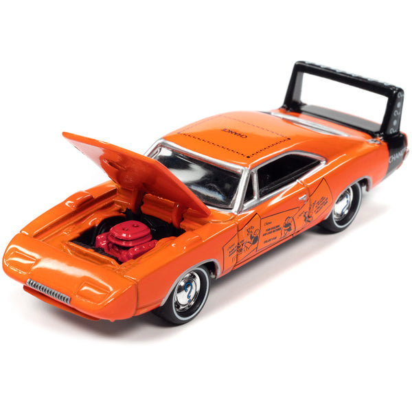 1969 Dodge Charger Daytona "Chance" Orange with Black Tail Stripe and Graphics with Game Token "Monopoly" "Pop Culture" 2022 Release 1 1/64 Diecast Model Car by Johnny Lightning