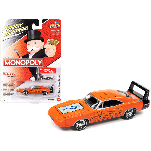 1969 Dodge Charger Daytona "Chance" Orange with Black Tail Stripe and Graphics with Game Token "Monopoly" "Pop Culture" 2022 Release 1 1/64 Diecast Model Car by Johnny Lightning