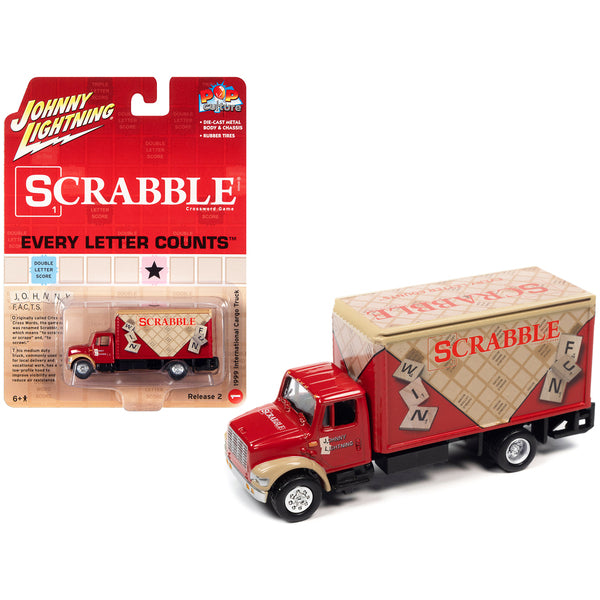 1999 International Cargo Truck Red with Graphics "Scrabble" "Pop Culture" 2022 Release 2 1/64 Diecast Model Car by Johnny Lightning