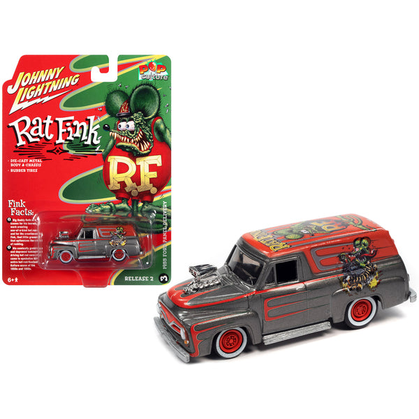 1955 Ford Panel Delivery Truck Gray Metallic with Graphics "Rat Fink" "Pop Culture" 2022 Release 2 1/64 Diecast Model Car by Johnny Lightning