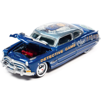 1951 Hudson Hornet Blue Metallic "Vintage Clue Mrs. Peacock" with Poker Chip Collector's Token "Pop Culture" 2022 Release 3 1/64 Diecast Model Car by Johnny Lightning