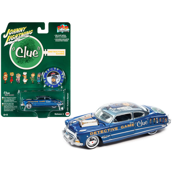 1951 Hudson Hornet Blue Metallic "Vintage Clue Mrs. Peacock" with Poker Chip Collector's Token "Pop Culture" 2022 Release 3 1/64 Diecast Model Car by Johnny Lightning