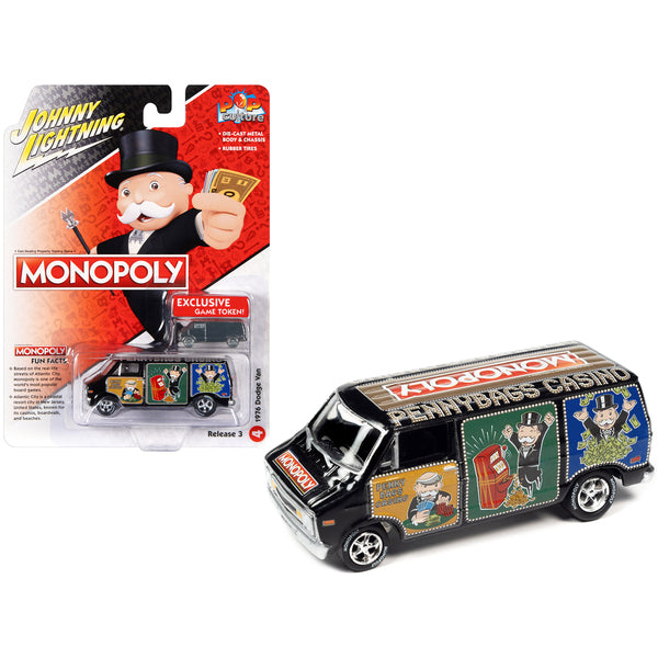 1976 Dodge Van Black "Pennybags Casino - Monopoly" with Dodge Van Monopoly Game Token "Pop Culture" 2022 Release 3 1/64 Diecast Model Car by Johnny Lightning