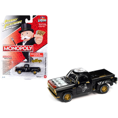 1978 Dodge Midnight Express Pickup Truck Black "Railroad Tycoon" with Game Token "Monopoly" "Pop Culture" 2023 Release 1 1/64 Diecast Model Car by Johnny Lightning