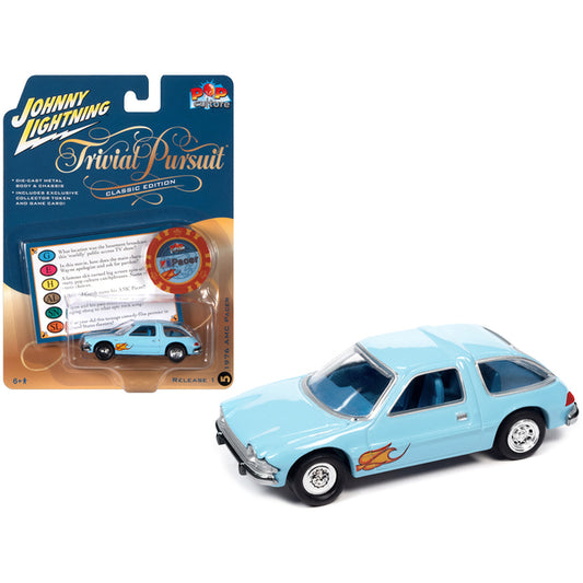 1976 AMC Pacer Light Blue with Flames with Poker Chip and Game Card "Trivial Pursuit" "Pop Culture" 2023 Release 1 1/64 Diecast Model Car by Johnny Lightning