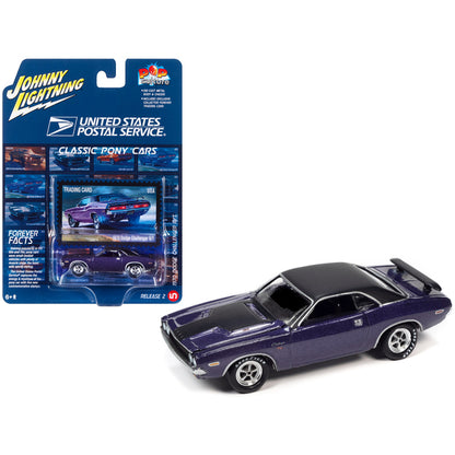 1970 Dodge Challenger R/T Plum Crazy Purple Metallic with Black Top and Hood "USPS (United States Postal Service)" "Pop Culture" 2023 Release 2 1/64 Diecast Model Car by Johnny Lightning