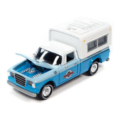 1960 Studebaker Pickup Truck Light Blue and Blue Two-Tone with Camper "Water Works" with Game Token "Monopoly" "Pop Culture" 2023 Release 2 1/64 Diecast Model Car by Johnny Lightning