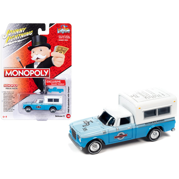 1960 Studebaker Pickup Truck Light Blue and Blue Two-Tone with Camper "Water Works" with Game Token "Monopoly" "Pop Culture" 2023 Release 2 1/64 Diecast Model Car by Johnny Lightning