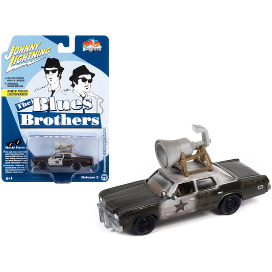 1974 Dodge Monaco Police Car Black and White (Dirty) w/Roof Speaker "Blues Brothers" (1980) Movie "Pop Culture" 2023 Release 3 1/64 Diecast Model Car by Johnny Lightning