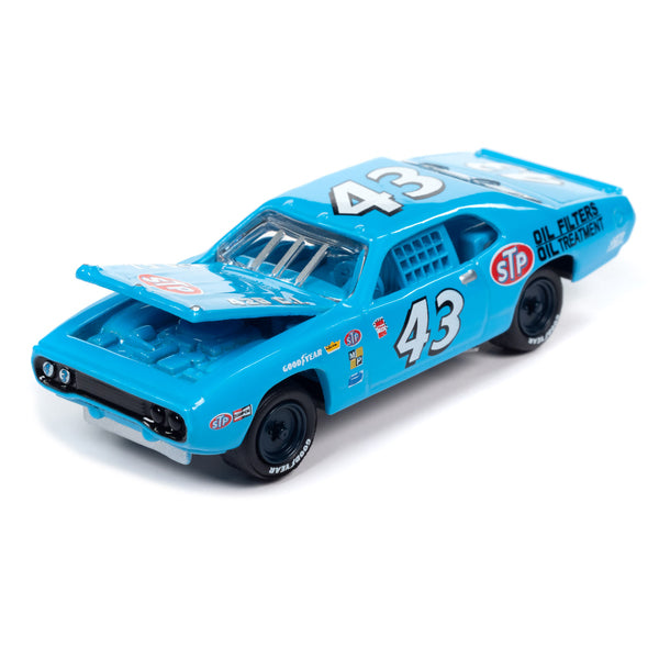 1972 Plymouth Road Runner Stock Car #43 Richard Petty "STP" Blue "Pop Culture" 2023 Release 3 1/64 Diecast Model Car by Johnny Lightning