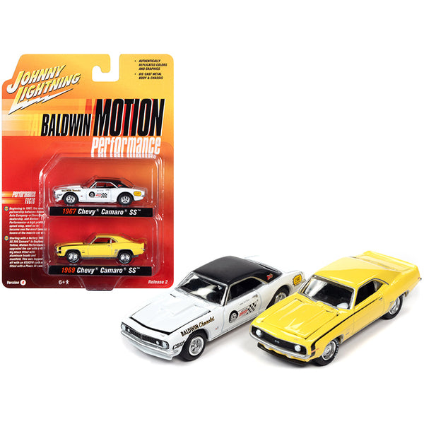 1969 Chevrolet Camaro SS Yellow and 1967 Chevrolet Camaro SS White "Baldwin Motion Performance" Set of 2 pieces 1/64 Diecast Model Cars by Johnny Lightning