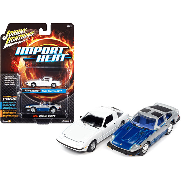 1982 Mazda RX-7 White and 1981 Datsun 280ZX Blue and Silver "Import Heat" Set of 2 Cars 1/64 Diecast Model Cars by Johnny Lightning